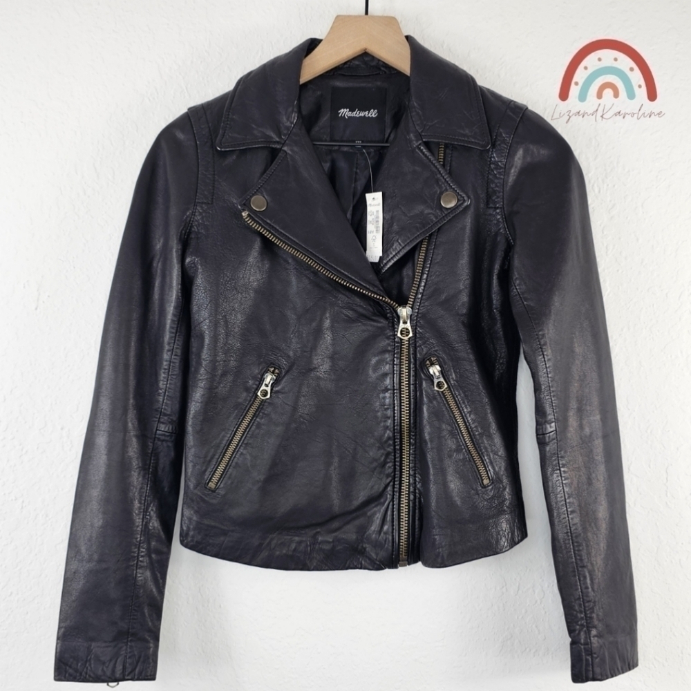 New! Madewell Washed Black Leather Motorcycle Jacket Brass Hardware Edition
